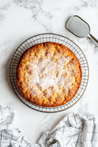 This image shows the freshly baked Irish Apple Cake cooling on a rack before being dusted with confectioners’ sugar for a delicate, sweet finish.