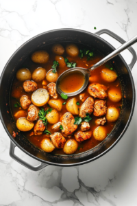 This image shows a pot filled with browned chicken pieces, a rich golden broth, and an assortment of seasonings, coming together to create a comforting and flavorful chicken vegetable stew.