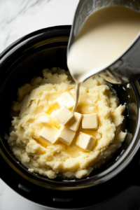 This image shows butter and cream being added to mashed potatoes, making them extra creamy and rich in flavor.