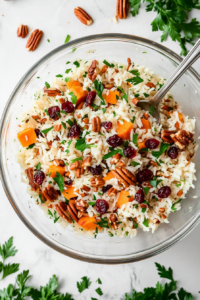This image shows a spoon sprinkling salt, pepper, and spices over the wild rice pilaf, ensuring a balanced and flavorful dish.