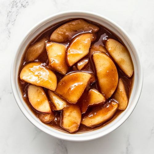A white bowl filled with homemade apple pie filling, where tender apple slices are coated in a rich brown sugar mixture, creating a glossy, caramelized texture.