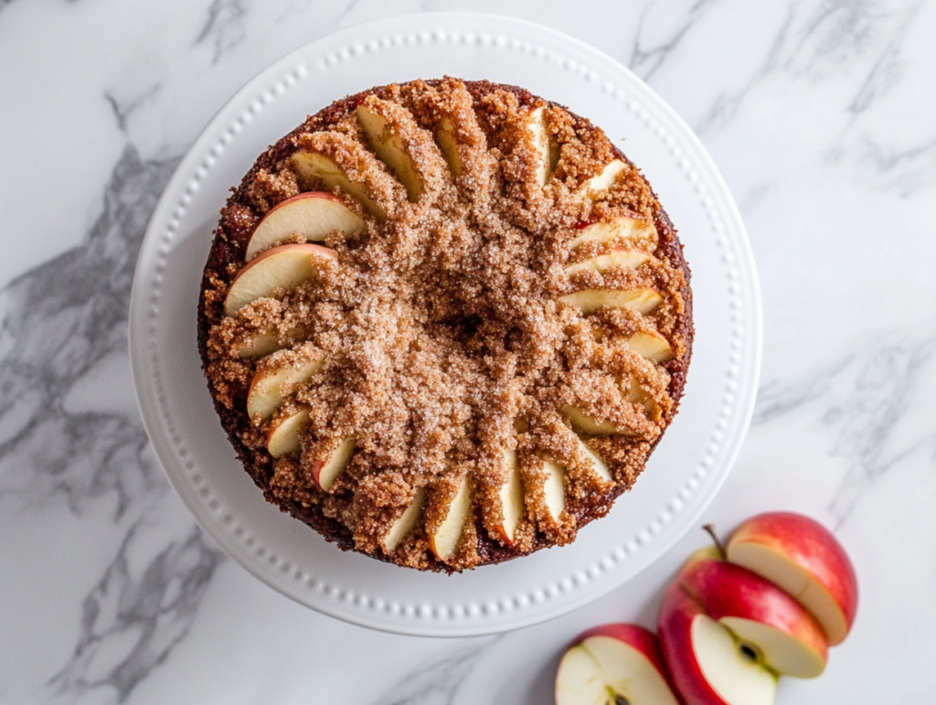 apple-cinnamon-cake-on-a-white-round-plate-topped-with-cinnamon-sugar-and-butter-crumble
