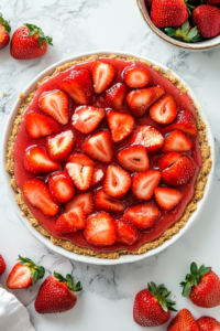 This image shows freshly sliced strawberries being arranged over the glaze, adding a vibrant and juicy layer to the dessert.