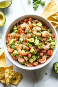 This image shows a bowl of vibrant Avocado Shrimp Salsa, beautifully plated and ready to be enjoyed with tortilla chips or as a refreshing topping for tacos.
