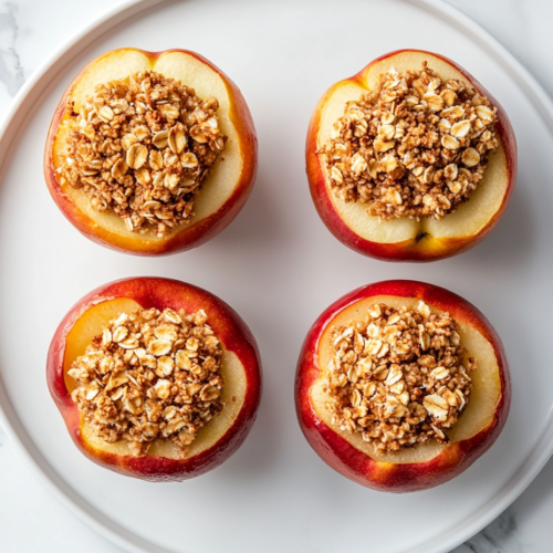 this image shows A round white plate showcasing perfectly baked apples, filled with a warm oat mixture of brown sugar and cinnamon, with golden, caramelized edges.