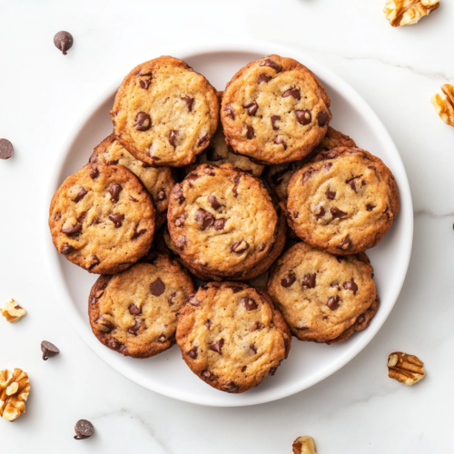 This image shows freshly baked Banana Bread Cookies stacked in a white round bowl, showcasing their soft texture and golden-brown color.