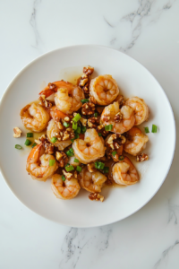 This image shows the completed Honey Walnut Shrimp dish, garnished with a touch of fresh herbs for a vibrant and restaurant-quality presentation.