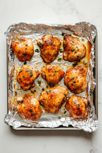 This image shows pieces of marinated chicken under a high-heat broiler, developing a golden-brown crust with slightly crispy edges.