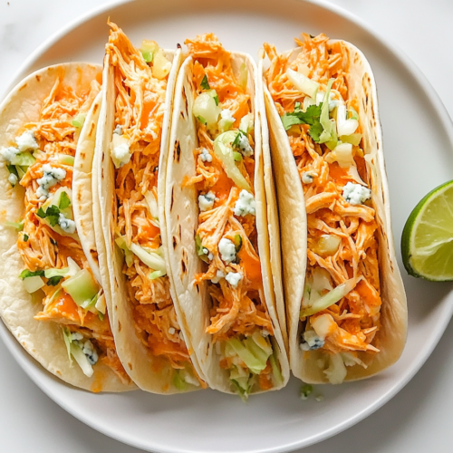 This image shows a plate of Buffalo chicken wings, generously filled with shredded chicken and topped with crumbled blue cheese. A halved lemon sits on the side, ready to be squeezed for an extra burst of zest.