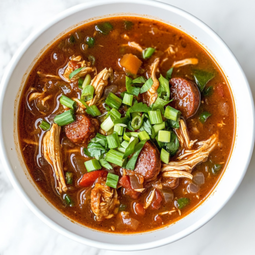 This image shows a bowl of rich Cajun Chicken Sausage Gumbo, filled with tender shredded chicken in a flavorful broth, garnished with chopped spring onion for a fresh finish.