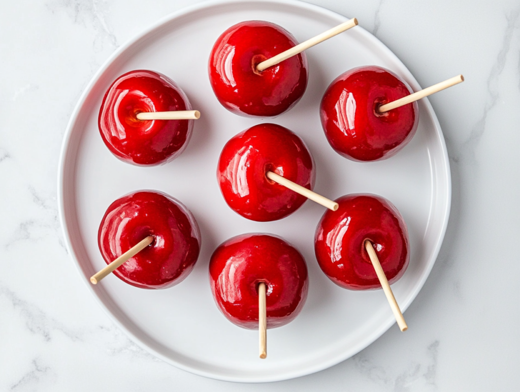 This image shows a collection of bright red candy apples, each held by a stick and freshly dipped in glossy syrup, capturing the classic homemade candy apple-making process.