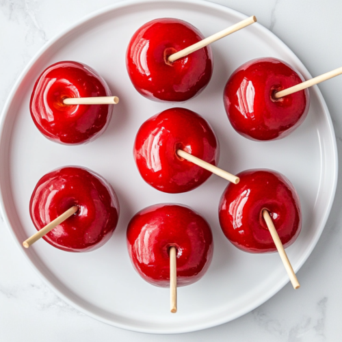 This image shows a collection of bright red candy apples, each held by a stick and freshly dipped in glossy syrup, capturing the classic homemade candy apple-making process.