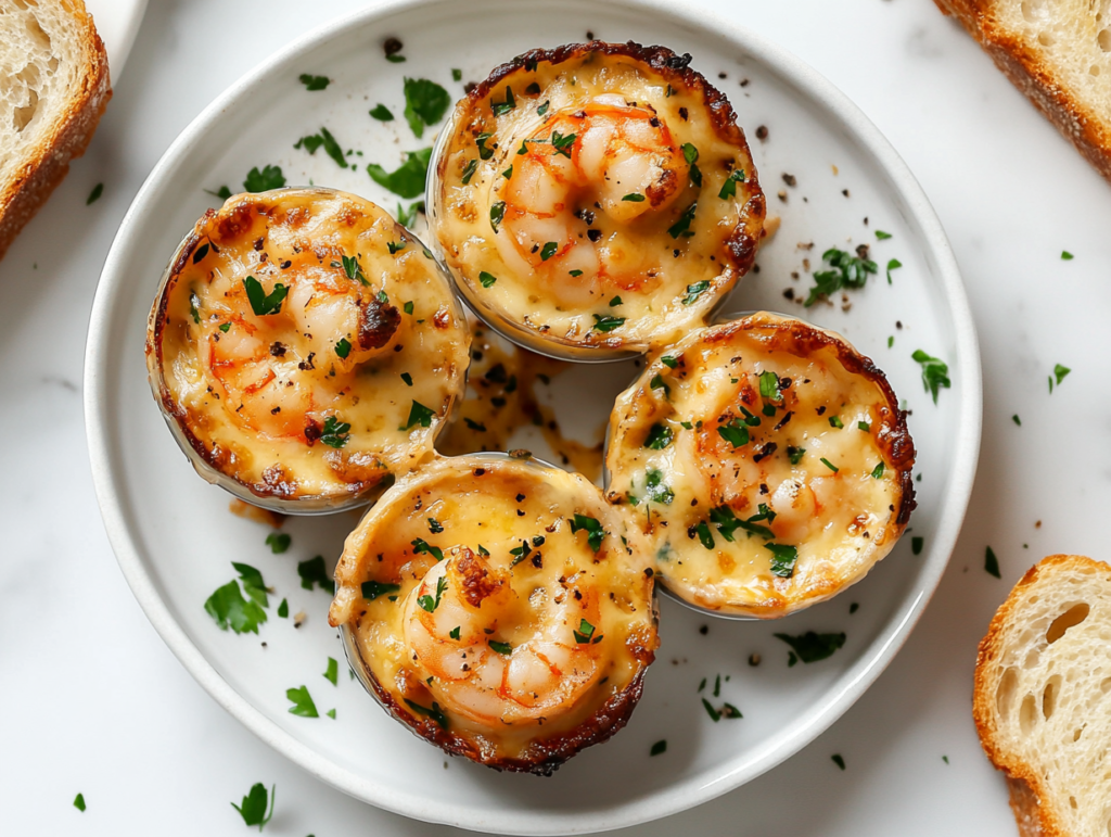 cheesy-garlic-shrimp-plated-with-parsley-and-brown-bread