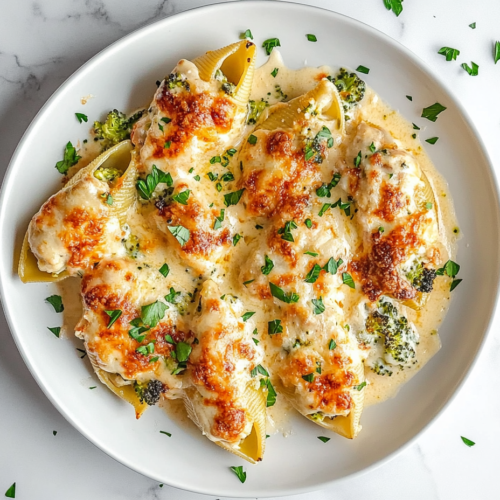 This image shows a serving of Chicken Broccoli Alfredo Stuffed Shells covered in a creamy Alfredo sauce, topped with melted cheese and freshly chopped cilantro.