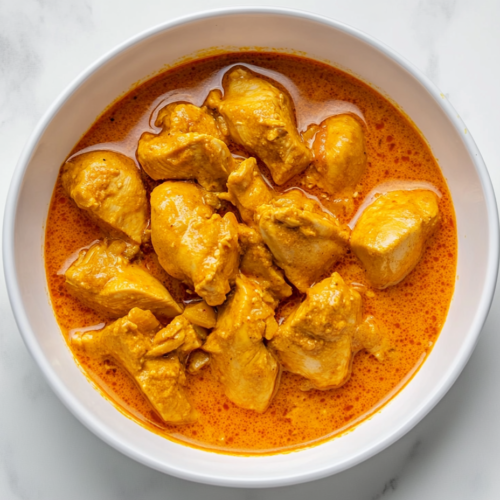This image shows a bowl of creamy Chicken Curry with a vibrant orange color, infused with the bold flavors of lemon juice and cayenne pepper, served in a white round bowl.