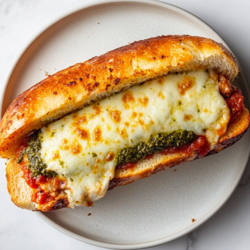 This image shows a Chicken Garlic Bread Sandwich filled with crispy cooked chicken, topped with marinara sauce, and melted mozzarella cheese, served on a white round plate.