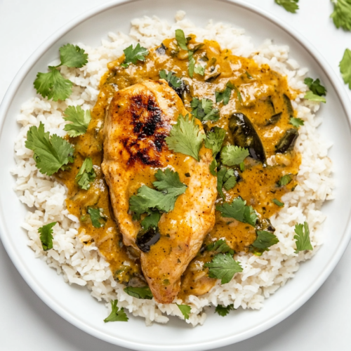 This image shows a half-cut pineapple filled with fluffy rice, topped with juicy teriyaki chicken pieces, and garnished with white sesame seeds, creating a vibrant and flavorful dish.