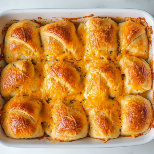 This image shows a rectangular white dish filled with golden-brown Chicken Stuffed Crescent Rolls, covered in a creamy sauce made from cream of chicken soup, broth, and milk, baked to perfection.