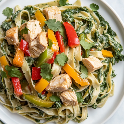 chicken-tequila-fettuccine-served-on-a-round-white-plate-with-spinach-bell-peppers-and-chicken-garnished-with-cilantro