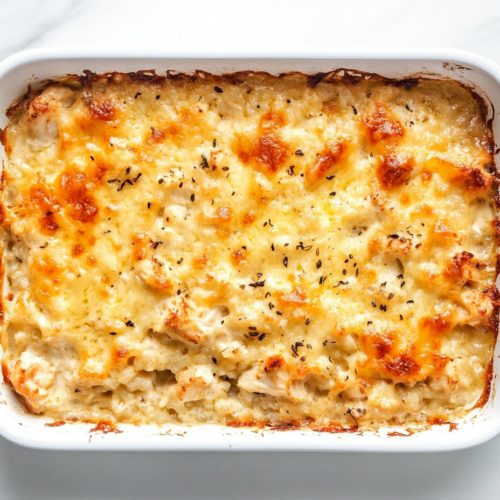 This image shows a freshly baked chicken and rice casserole in a white rectangular baking dish, topped with a golden layer of melted cheese.