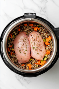 This image shows raw chicken drumsticks being carefully placed on top of the wild rice and vegetables in the Instant Pot, then seasoned for flavor.