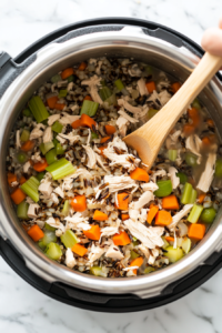 This image shows cooked chicken being shredded with two forks, making it easy to mix back into the wild rice for a rich and hearty texture.