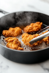 This image shows golden-brown chicken pieces frying in hot oil, with bubbles surrounding them as they crisp up to perfection.