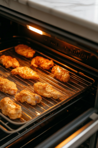 This image shows a top-down view of Crack Chicken Tenders baking in the oven, turning golden brown as they cook.