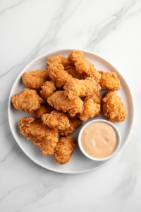 This image shows a top-down view of crispy Crack Chicken Tenders served on a plate with a side of dipping sauce, ready to be enjoyed.