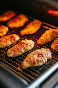 This image shows a top-down view of chicken tenders placed under the broiler to achieve extra crispiness and a deep golden color.
