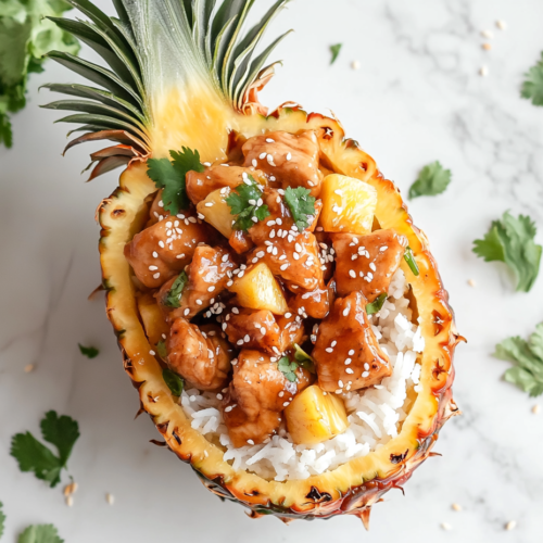 This image shows a half-cut pineapple filled with fluffy rice, topped with juicy teriyaki chicken pieces, and garnished with white sesame seeds, creating a vibrant and flavorful dish.