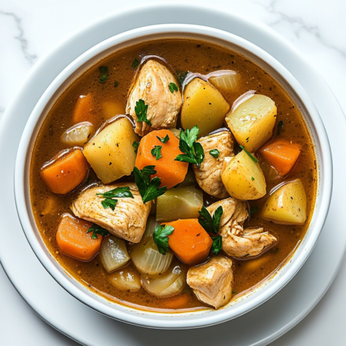 This image shows a hearty bowl of chicken vegetable stew served in a white bowl, filled with tender chunks of chicken, soft potatoes, and vibrant orange carrots, all garnished with freshly chopped cilantro for a touch of freshness.