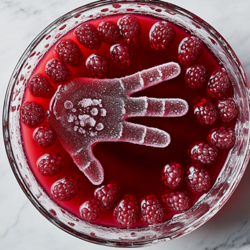 This image shows a red Witches' Brew drink served cold with ice and raspberries floating in it.