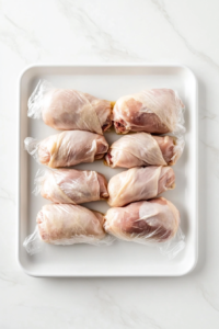 This image shows Chicken Kiev parcels with herb butter filling being placed in the freezer to firm up, ensuring they hold their shape during cooking.