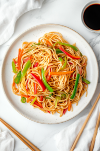 A close-up of fresh green spring onions being sprinkled over chow mein for a vibrant finishing touch.