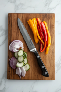 This image shows vibrant bell peppers and onions being sliced on a wooden cutting board, adding fresh flavors and color to the dish.