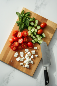 This image shows freshly halved cherry tomatoes and sliced cucumbers being chopped on a cutting board, the first step in preparing a fresh and colorful tomato cucumber feta salad.