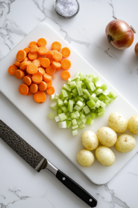 This image shows a wooden cutting board with freshly chopped carrots, celery, and potatoes neatly arranged, ready to be used in a flavorful chicken vegetable stew.