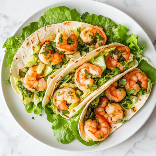 This image shows cilantro lime shrimp wraps served in romaine lettuce leaves and warm tortillas, topped with green onions and drizzled with a creamy cilantro garlic sauce.