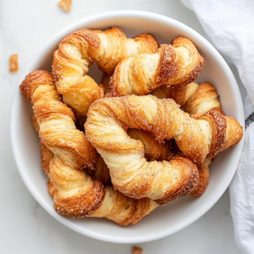 This image shows a white bowl filled with crispy, golden-brown cinnamon crescent twists, generously coated in a cinnamon-sugar mixture, ready to be enjoyed as a sweet and flaky treat.