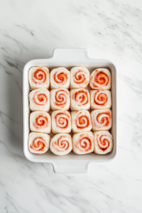 This image shows cinnamon rolls resting in the baking dish, puffing up as they rise before being placed in the oven.
