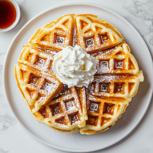 This image shows a golden-brown waffle cut into four parts, drizzled with maple syrup, dusted with powdered sugar, and topped with a dollop of fresh cream, served on a white round plate with a small bowl of maple syrup on the side.