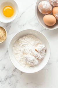 This image shows Chicken Kiev being carefully dipped into flour, egg wash, and breadcrumbs, ensuring an even and crispy coating before cooking.