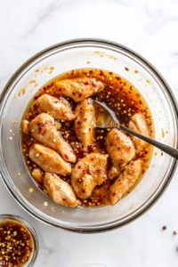 This image shows chicken pieces being coated in a flavorful marinade, ensuring they stay tender and juicy when cooked.