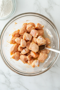 This image shows raw chicken pieces being coated in flour on a plate, ensuring a light, even layer before they are browned for the rich and hearty chicken vegetable stew.