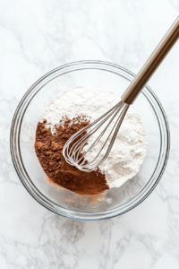 This image shows a mixing bowl filled with flour, cinnamon, nutmeg, and baking powder being stirred together, ensuring even distribution of dry ingredients for the batter.
