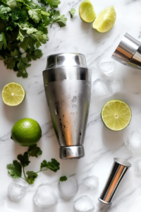 This image shows a cocktail shaker being filled with vodka, lime juice, and other ingredients, preparing the perfect blend for a smooth and refreshing vodka margarita.