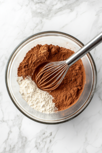 This image shows flour, baking powder, and warm spices being whisked together, ensuring even distribution for the cake batter.