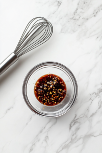 This image shows a bowl of sauce being mixed, blending spicy, sweet, and savory flavors to coat the crispy chicken.