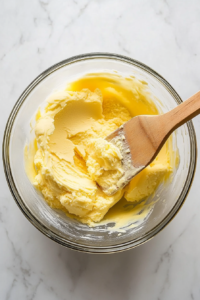 This image shows the dry ingredients being gradually mixed into the wet ingredients, forming a thick and well-combined cookie dough.